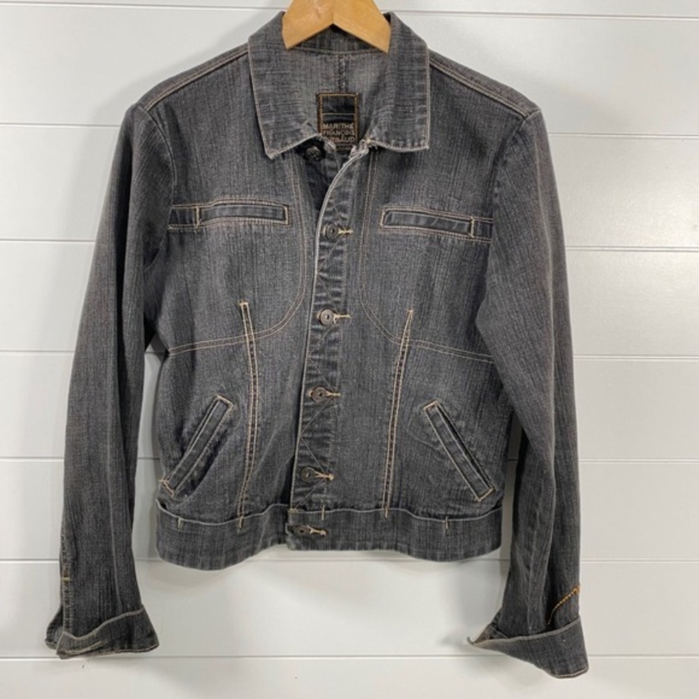 Marithe Francois Girbaud Womens Y2K Crop‎ Jean Jacket sz M Black Cotton Blend